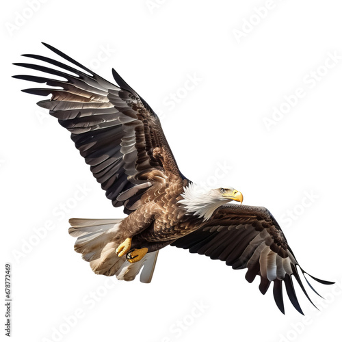 Bald eagle in flight on white background