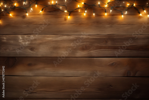 Christmas Lights on Snow-Covered Wood Background