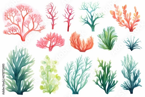Fototapet Set of vector watercolor seaweed and corals isolated