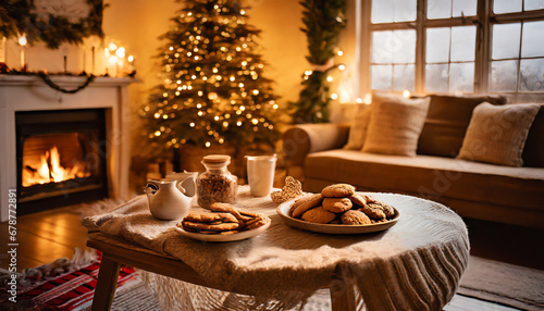 Cozy Christmas room with a Christmas tree, warm blanket