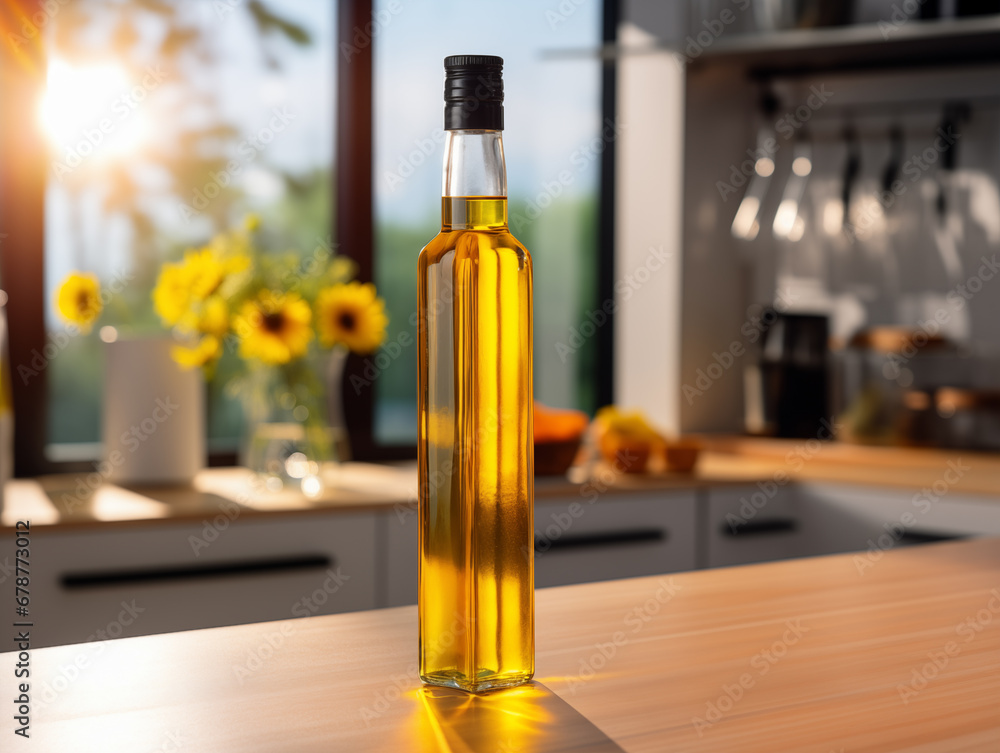 Close-up of a bottle of sunflower oil in a modern kitchen. Close-up of a bottle of sunflower oil in a modern kitchen.
