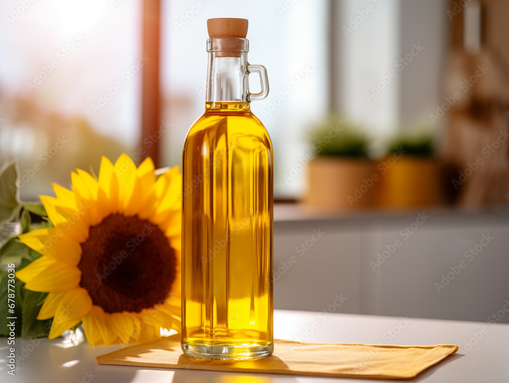 Close-up of a bottle of sunflower oil in a modern kitchen. Close-up of a bottle of sunflower oil in a modern kitchen.