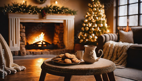 Cozy Christmas room with a Christmas tree, warm blanket, and fireplace