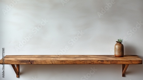 Wooden ledge on a white wall . photo