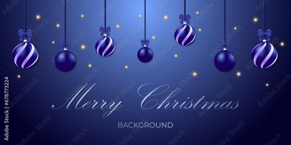 Blue Christmas background with Christmas decorations and greetings. Vector New Year illustration for your design. Vector EPS 10