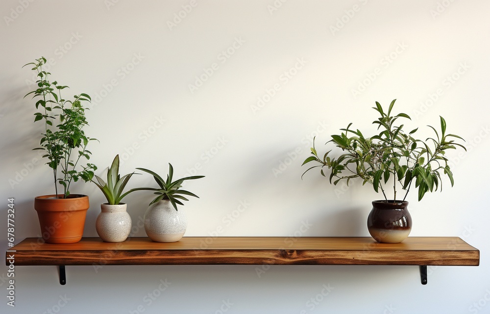 Wooden ledge on a white wall . Wooden ledge on a white wall .