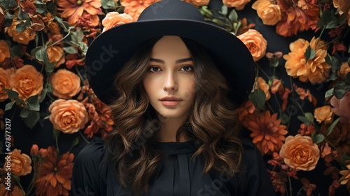 Young, attractive woman wearing a flower and a black hat. Black silhouette of a woman seen from above the vanishing point.