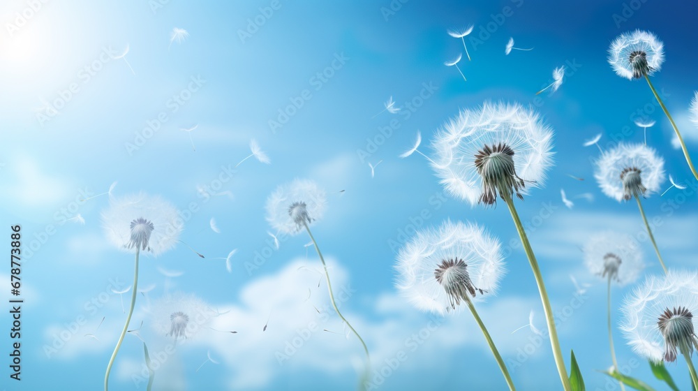 Obraz premium Captivating dandelion seeds float through the sky.