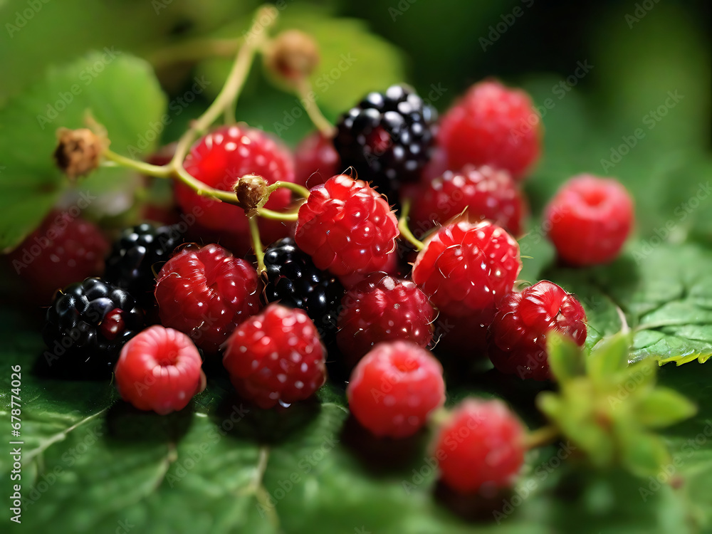 Blackberries and raspberries on green leaves Blackberries and raspberries on green leaves