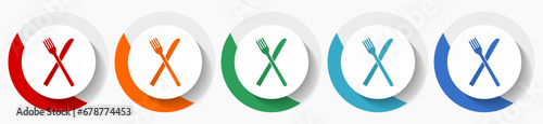 Restaurant vector icon set, flat design colorful round menu icons in 5 color options for webdesign and mobile applications