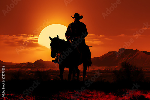 Silhouette art image of a cowboy riding a horse in a wide field © ritfuse