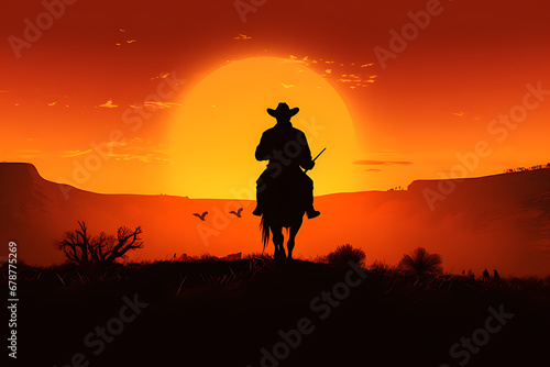 Silhouette art image of a cowboy riding a horse in a wide field