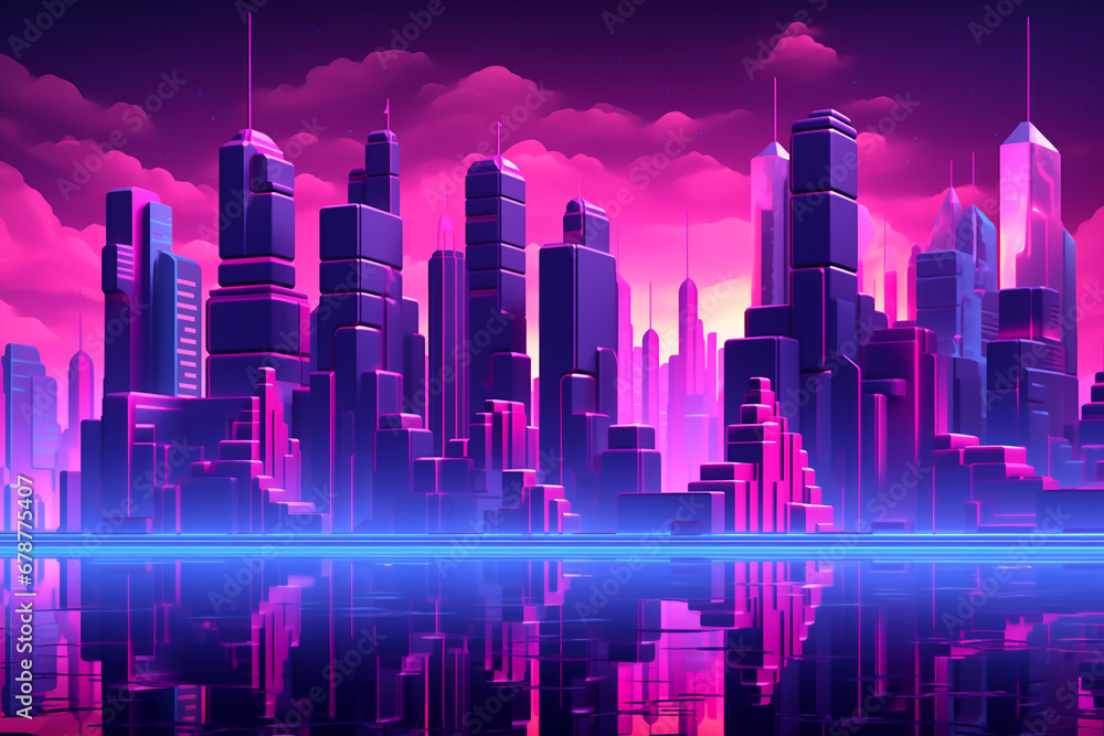 An abstract city with neon skyscrapers in vibrant cyan and magenta colors, reflecting in the water, in a retrowave cybernetic style.