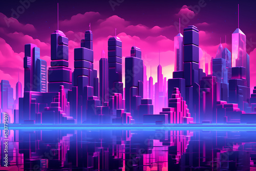 An abstract city with neon skyscrapers in vibrant cyan and magenta colors, reflecting in the water, in a retrowave cybernetic style.