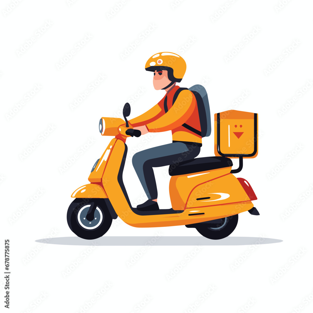 Minimalist vector illustration of Bike messenger driving a scooter on white background.