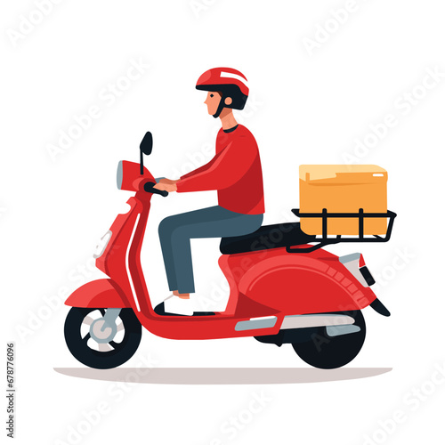 Minimalist vector illustration of Bike messenger driving a scooter on white background. © I LOVE PNG