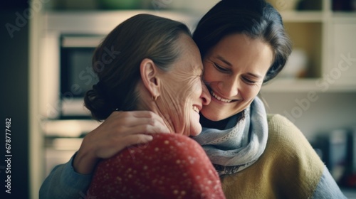 Old and young woman hug each other