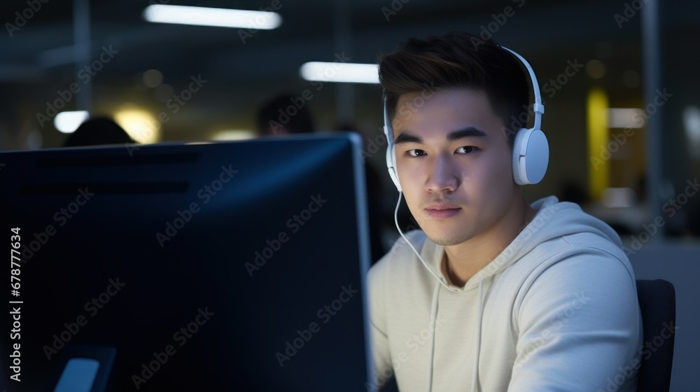 An Asian man working on his laptop at a desk. An Asian man working on his laptop at a desk.