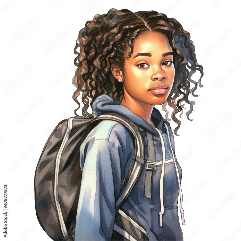 African American female student with backpack isolated