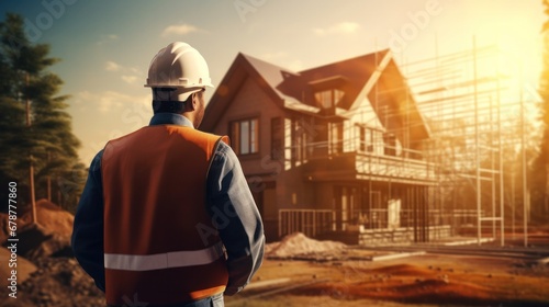 inspector or engineer is inspecting construction and quality assurance new house. Engineers or architects or contactor work to build the house before handing, generate by AI