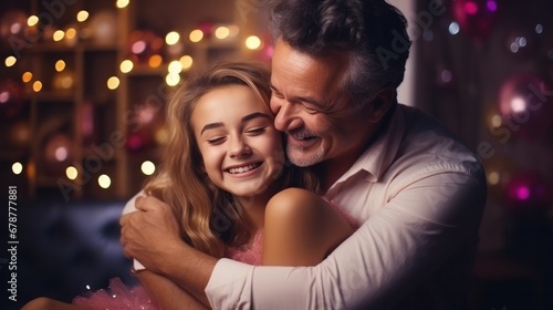 father day, cute teen girl hugging mature middle age dad. Love, kiss, care, happy smile enjoy family time. celebrate special occasion, happy birthday, merry Christmas. special day