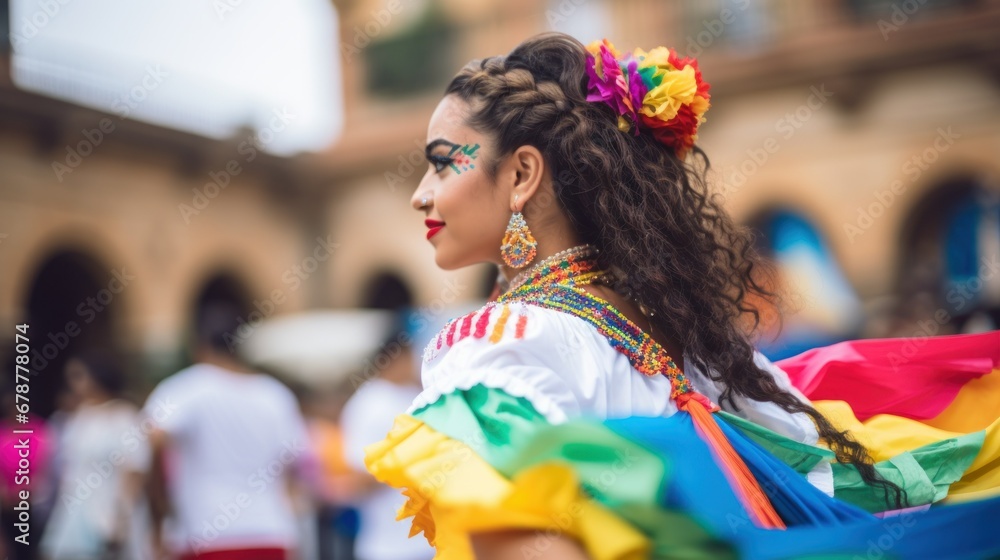 A woman wearing a vibrant Mexican costume, showcasing colorful patterns and traditional attire.
