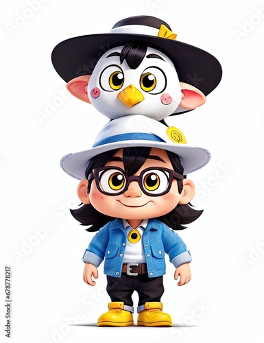 3D Render of Little Boy with penguin wearing hat and glasses
