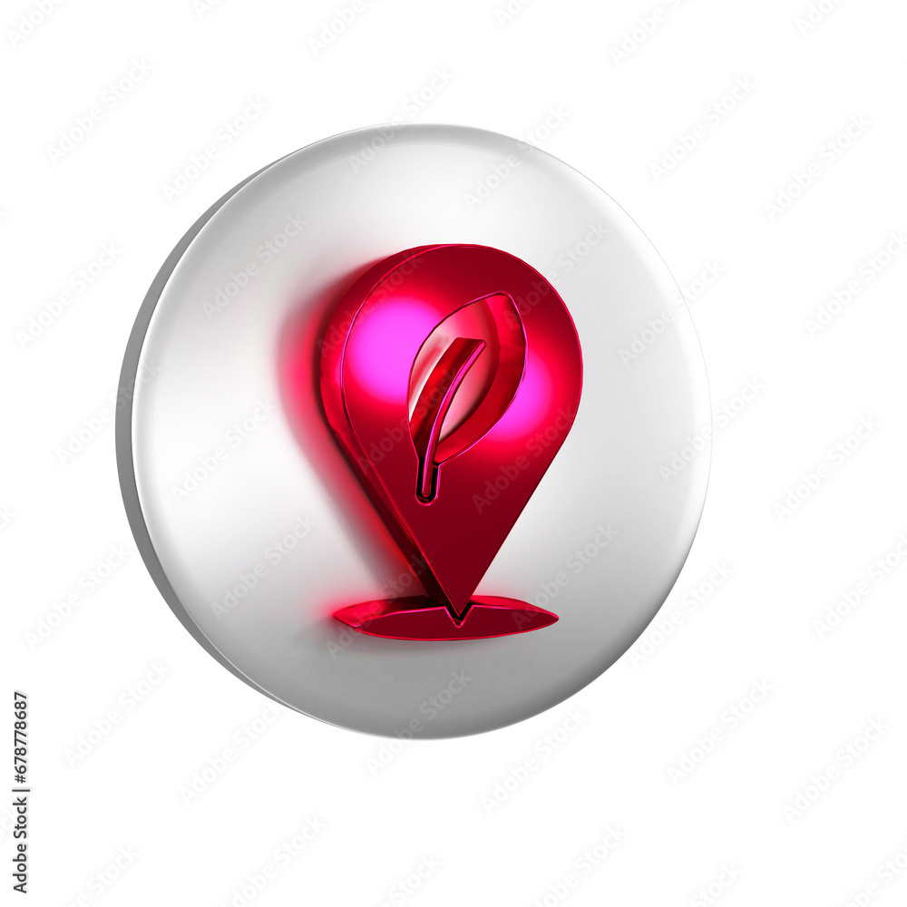 Red Location with leaf icon isolated on transparent background. Eco energy concept. Alternative energy concept. Silver circle button. Red Location with leaf icon isolated on transparent background. Eco energy concept. Alternative energy concept. Silver circle button.