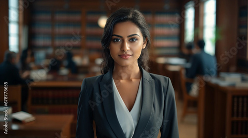 Portrait of a young indian female lawyer smiling and happy at her workplace in the office. Indian lawyer, technologist and professional face, female lawyer and legal consultant in a law firm. photo
