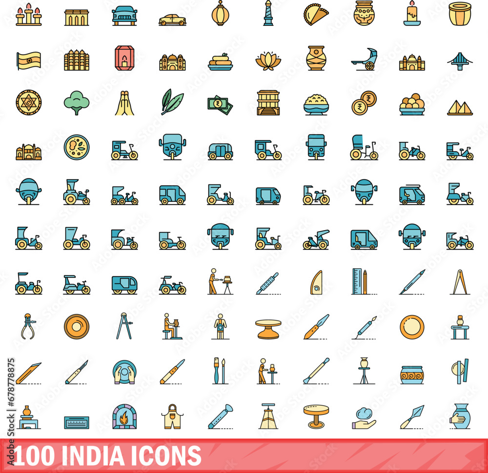 Fototapeta premium 100 india icons set. Color line set of india vector icons thin line color flat on white