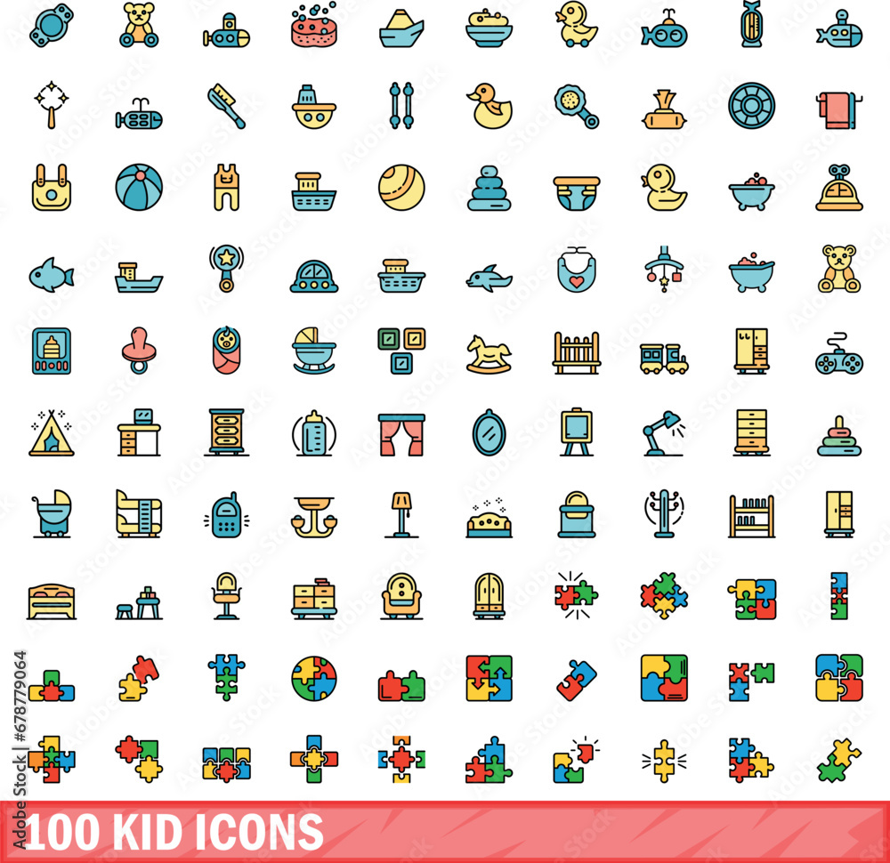 Fototapeta premium 100 kid icons set. Color line set of kid vector icons thin line color flat on white