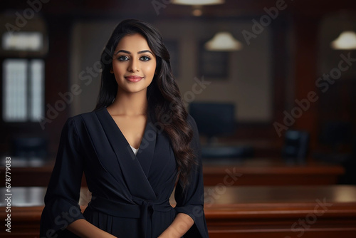 Portrait of a young indian female lawyer smiling and happy at her workplace in the office. Indian lawyer, technologist and professional face, female lawyer and legal consultant in a law firm.