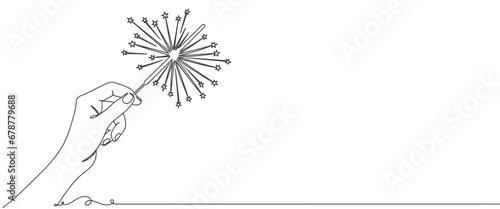 Female hand holding burning sparkler linear flat vector illustration. New year firework, Christmas fire stick. Carnival firecracker, pyrotechnic, burning star party