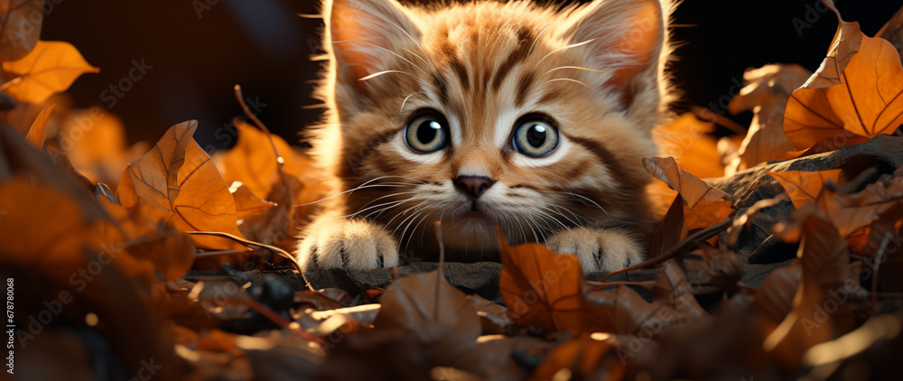 Versteckspiel im Herbst: Neugieriges Kätzchen zwischen den Blättern