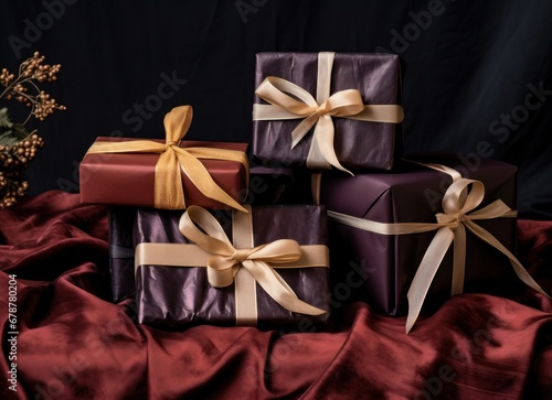 wrapped christmas presents on a black background