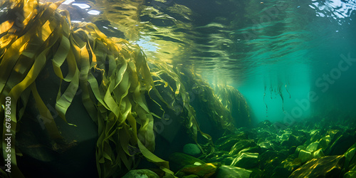 Seaweed and natural sunlight underwater seascape in the ocean landscape with seaweeds