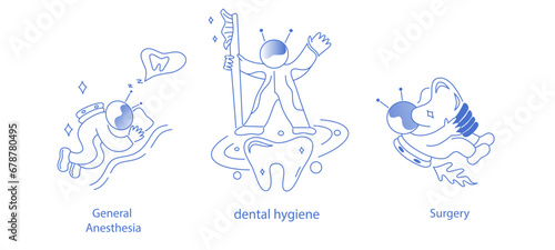 General anesthesia, dental hygiene,surgery. Astronaut in space.Orthodontic care procedure abstract concept vector illustration set. Tooth plate, teeth dentures implant. flat simple