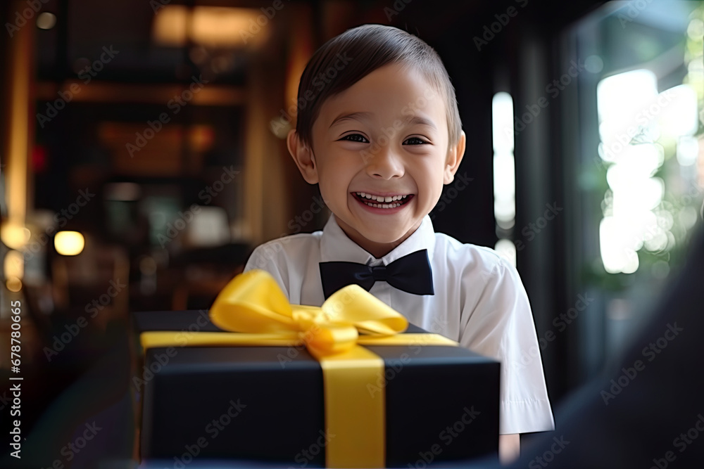 Celebration unfolds as a cute boy receives a surprise gift, embodying the joy of childhood festivities. Celebration unfolds as a cute boy receives a surprise gift, embodying the joy of childhood festivities.