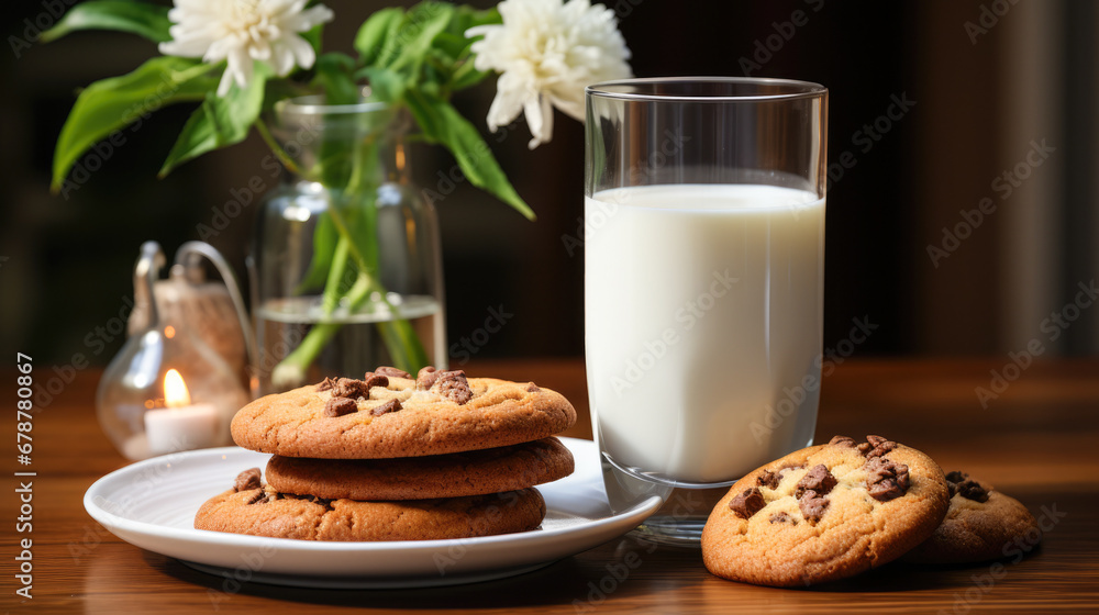Chocolate chip cookies and a glass of milk on a table. Chocolate chip cookies and a glass of milk on a table.