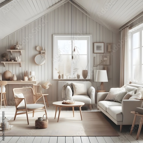 A Scandinavian-style living room with a sofa, armchairs, and coffee table © Ophelia