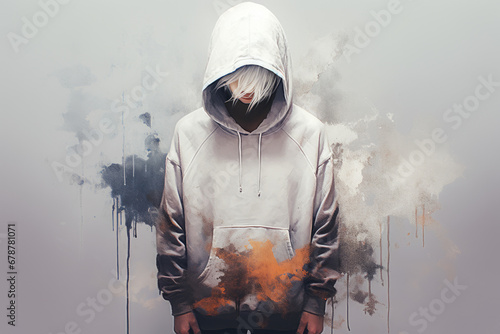 Painting of man with an hoodie and splatter on his face. photo