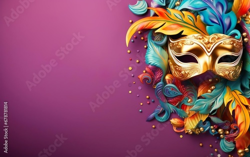 Happy Mardi Gras poster. Venetian masquerade mask with feathers and confetti on pink background, copy space. Golden mask for carnivals. Costume party outfit. Paper mache face covering. AI Generative © your_inspiration