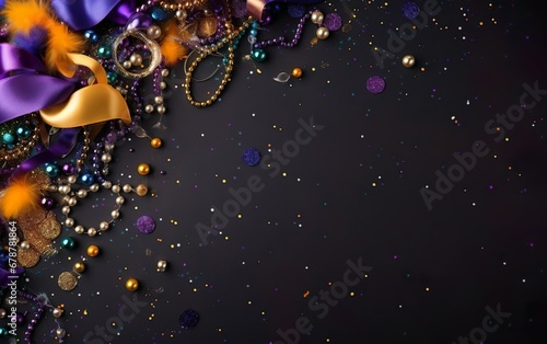 Happy Mardi Gras poster. A banner template with Venetian decorations, confetti and feathers on black background, copy space for text. Costume party flyer for carnivals. AI Generative