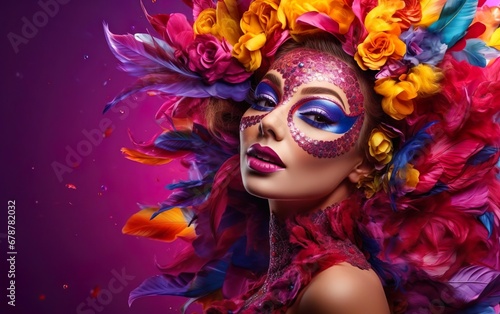 Mardi Gras poster. A pretty woman with Venetian masquerade style makeup looking over the shoulder, bright feathers on purple background. Costume party carnival outfit. AI Generative