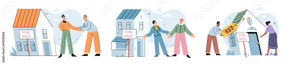 House for sale. Vector illustration People looking for home considered various factors such as location and affordability Buying new home brought sense excitement and accomplishment Renting House for sale. Vector illustration People looking for home considered various factors such as location and affordability Buying new home brought sense excitement and accomplishment Renting
