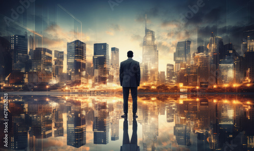 Double exposure image of the business man standing back during sunrise overlay with cityscape image