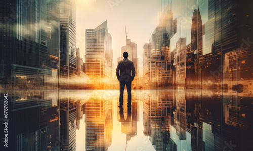 Double exposure image of the business man standing back during sunrise overlay with cityscape image © Vodkaz