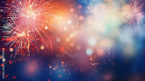 A stunning firework display illuminating the sky in celebration, set against a background of blurred bokeh lights.