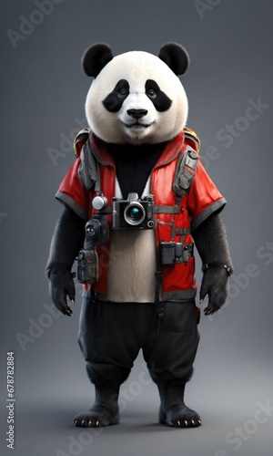 Panda photographer in red suit with camera. 3d rendering.

