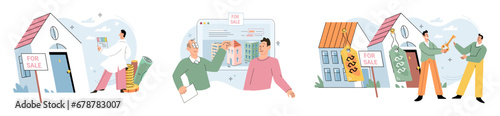 Buying and choosing housing. Vector illustration The mortgage terms were favorable, making homeownership more accessible The apartment complex provided range amenities for tenants The sale property